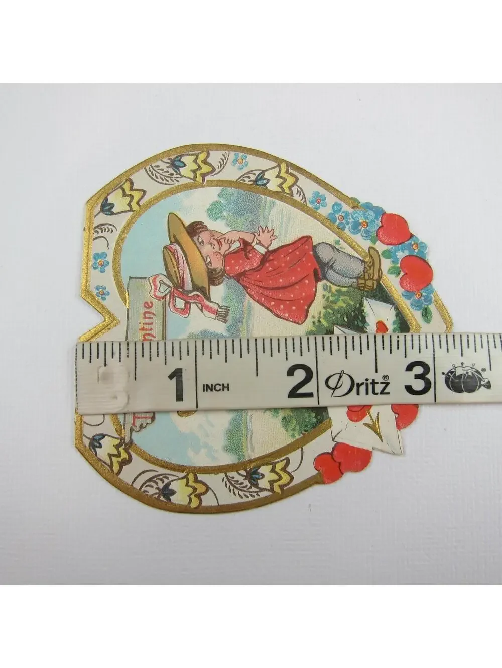 Vintage Valentine Card Die cut Girl Red Dress Blue Yellow Flowers Gold UNSIGNED